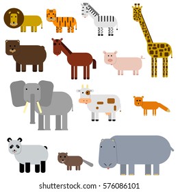 Big set of animals. Lion, tiger, zebra, bear, horse, pig, giraffe, elephant, cow, fox, panda, beaver, hippo isolated on white vector illustration.