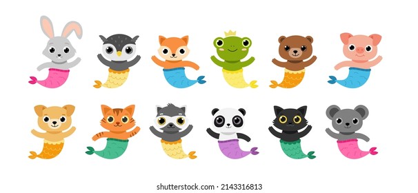 Big set of animals mermaids vector cartoon illustration. stickers badges icons patches design elements.