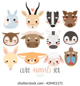 big set of animals on white background. cute zebra, sheep, badger, penguin, fennec fox, owl, gazelle, african buffalo, warthog, mandrill, aardvark, rhino. Can be used like sticker or for cards 