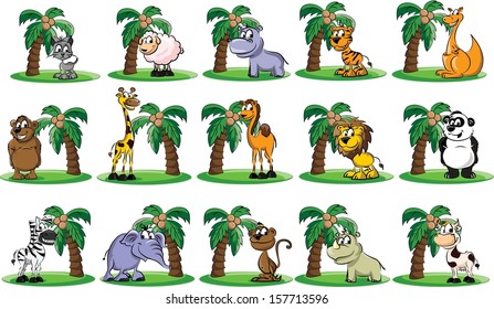 Big set of animals with palm - vector