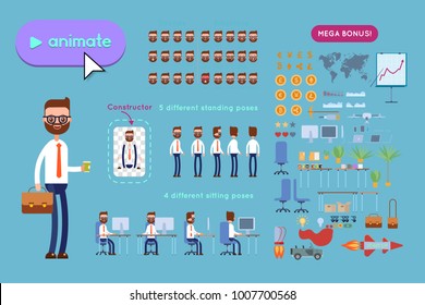 Big set for animating business advertising. Bearded businessman in a shirt holds a briefcase and a paper cup of coffee. On a blue background