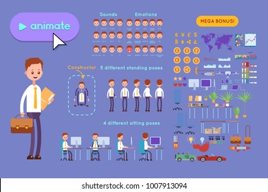Big set for animating business advertising. Young businessman in a shirt with a briefcase and a paper folder in his hands. On a violet background