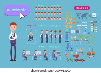 Big set for animating business advertising. Young businessman in a purple vest stands in a pensive posture. On a blue background