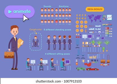 Big set for animating business advertising. Young businessman in a purple suit with a briefcase and a paper folder in his hands. On a violet background