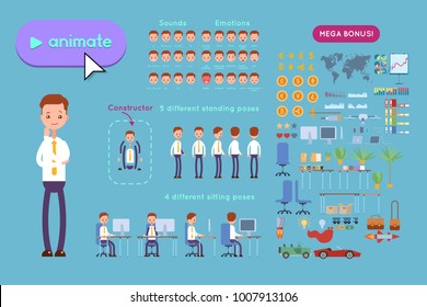 Big set for animating business advertising. Young businessman in a shirt stands in a pensive posture. On a blue background