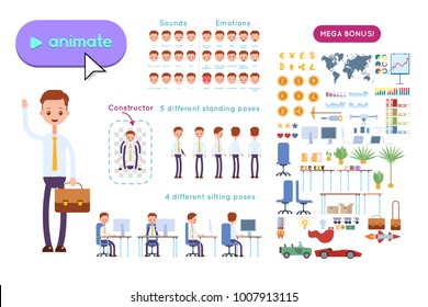Big set for animating business advertising. Young businessman in a shirt holds a briefcase and waves his hand. On a white background
