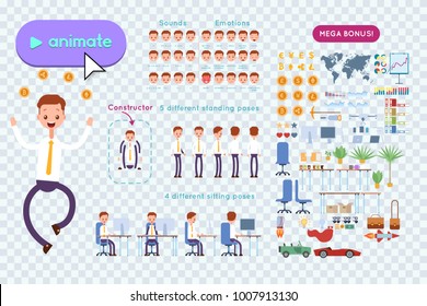 Big set for animating business advertising. Young businessman in a shirt jumps from happiness with coins cryptocurrency. On a transparent background