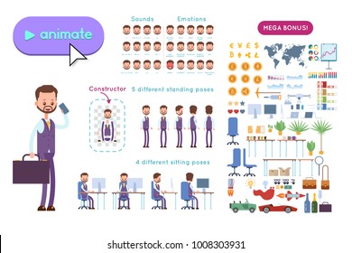 Big set for animation business advertising. Businessman in a vest with a beard and mustache holding a case and phone. On a white background