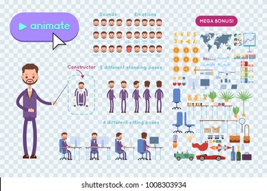 Big set for animation business advertising. Businessman in a suit with a beard and mustache holds a pointer in his hands and explains. On a transparent background