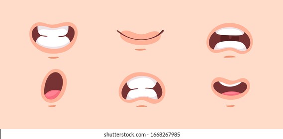 Big set of animation funny cartoon mouths with different expressions and emotions: smile, angry, laugh, surprised. Vector flat lips speaking articulation, english pronunciation signs isolated on white