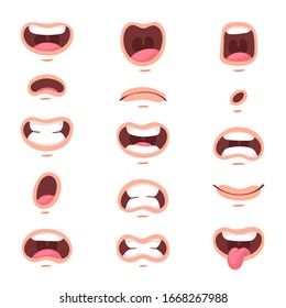 Big set of animation funny cartoon mouths with different expressions and emotions: smile, angry, laugh, surprised. Vector flat lips speaking articulation, english pronunciation signs isolated on white