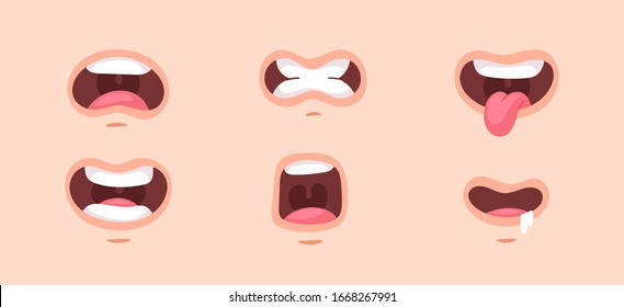 Big set of animation funny cartoon mouths with different expressions and emotions: smile, angry, laugh, surprised. Vector flat lips speaking articulation, english pronunciation signs isolated on white