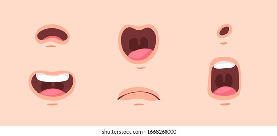 Big set of animation funny cartoon mouths with different expressions and emotions: smile, angry, laugh, surprised. Vector flat lips speaking articulation, english pronunciation signs isolated on white