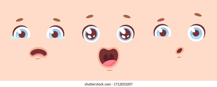 Big set of animation funny cartoon faces with different expressions and emotions: smile, angry, laugh, surprised. Vector flat emoticons with lips and eyes, avatars isolated on white