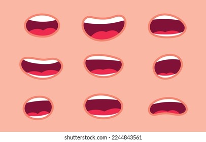 Big set of animation funny cartoon mouths with different expressions and emotions: smile, angry, laugh, surprised. Flat vector illustration