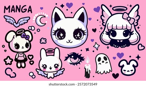 Big set of anime cartoon stickers with funny cute comic characters and animals on a pink background. Contemporary illustration with designs for tattoos and patches.