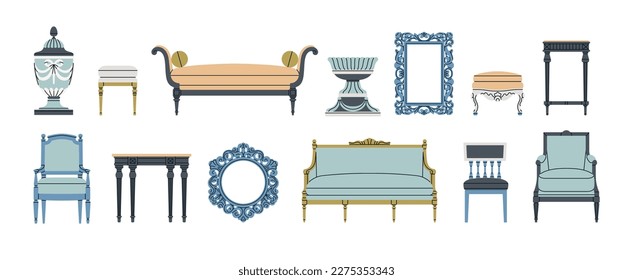 Big set with antique furniture, Renaissance style. Armchair, sofa, frame, table etc. For museum and palace interiors. Room decoration. Hand draw vector illustration isolated on white background