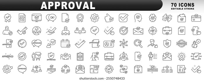 Grande conjunto de ícones de linha relacionados à aprovação. Aceitar, confirmar, marca de seleção, ok etc. Traçado editável