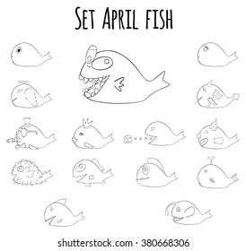 Big set of april fish for fools day in France line art on white