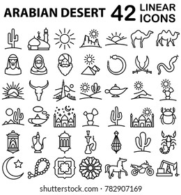 Big Set of arabian and deserting icons in linear style. Desert landscape and arabic architecture, flora and fauna of region, ornament and culture symbols. Vector Illustration