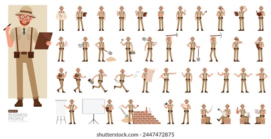 Big Set of Archaeologist man wear brown suit character vector illustration design. Presentation in various action.