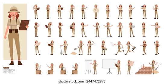 Big Set of Archaeologist woman wear brown suit character vector illustration design. Presentation in various action.