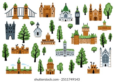 Big set of architecture icon. Flat collection of buildings icons for web design. Vector illustration on white background. Urban elements