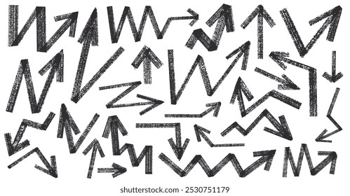 Große Reihe von Pfeilsymbolen, verschiedene Richtungen. Fette Grunge Pinsel gezeichnet Pfeile mit Blitz Formen. Vorlage schwarz abgewinkelte fette Pinselstriche mit Kratzern. Von Hand gezeichnete Grunge-Richtungszeiger.
