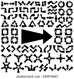 Big set of arrows. Black arrows. Cartoon arrows. Black isolated on white background. Vector illustration.