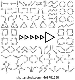 Big set of arrows. Black contour. Isolated on white background. Vector illustration.