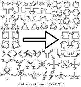 Big set of arrows. Black contour. Isolated on white background. Vector illustration.