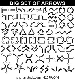 Big set of arrows. Black isolated on white background. Vector illustration.