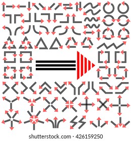Big set of arrows. Black and red isolated on white background. Vector illustration.