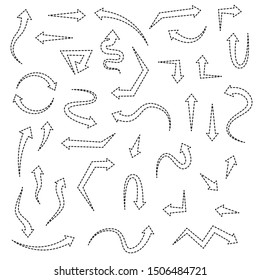 Big set of arrows. Bundle of elements. Simple arrows. Vector large collection on white background. Dotted line.