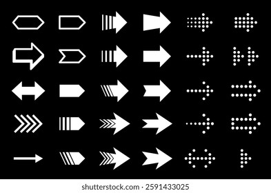 Big set of arrows, cursors, pointers. Collection of different arrows, different shapes. Arrow Symbols for Web Design. White pointers on black background