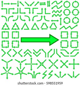 Big set of arrows for design interface. Green isolated on white background. Vector illustration.