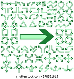Big set of arrows for design interface. Blue and green isolated on white background. Vector illustration.