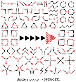 Big set of arrows for design interface. Black and red isolated on white background. Vector illustration.