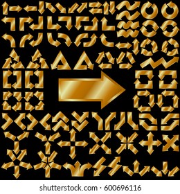 Big set of arrows for design interface. Gold holographic pointers. Isolated on black background. Vector illustration.