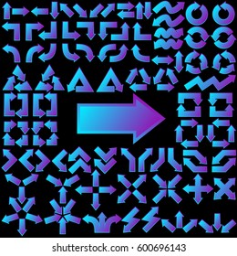 Big set of arrows for design interface. Blue holographic pointers. Isolated on black background. Vector illustration.
