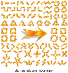 Big set of arrows for design interface. Gold holographic pointers with shadows. Isolated on white background. Vector illustration.