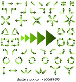 Big set of arrows for design interface. Green isolated on white background. Vector illustration.