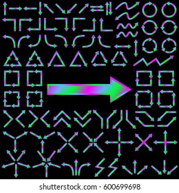 Big set of arrows for design interface. Color holographic pointers. Isolated on black background. Vector illustration.