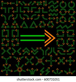 Big set of arrows for design interface. Neon pointers. Green and orange isolated on black background. Vector illustration.
