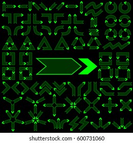 Big set of arrows for design interface. Neon pointers. Green isolated on black background. Vector illustration.