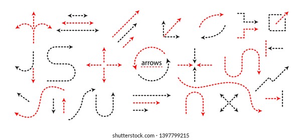 Big Set Arrows and directions signs. dotted line and arrow. Vector black and red isolated on white background. Easily edit the thickness of lines.