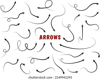 Big Set Arrows And Directions Signs. Thin Line With Arrow. Doodle Style. Vector Black And Red Arrows, Isolated On White Background. 