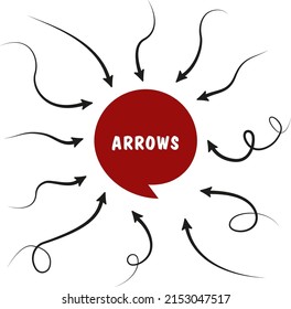 Big Set Arrows And Directions Signs. Thin Line With Arrow. Vector Black And Red Arrows, Isolated On White Background. Doodle Style