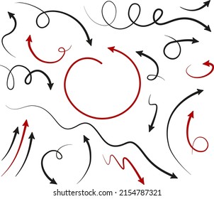 Big Set Arrows And Directions Signs. Thin Line With Arrow. Vector Black And Red Arrows, Isolated On White Background. Doodle Style