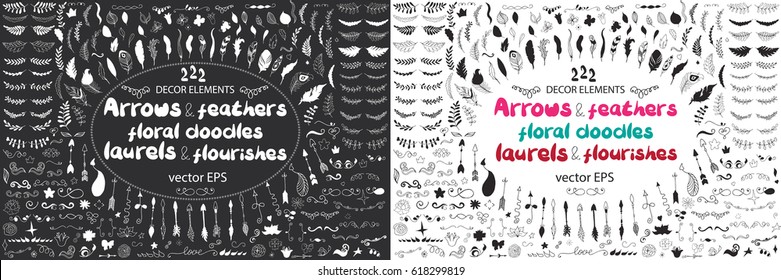 Big set of arrows, flowers, leaves, laurels and feathers in native indian style. Vector hand drawn illustration black and white. Boho, coloring book, design elements for cards, flyers